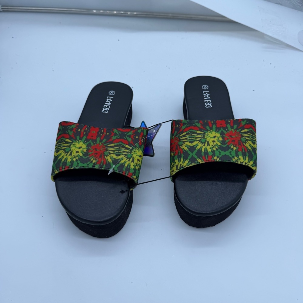 Love83 Womens Platform Slide Sandals Black Rasta Tie Dye LS-8954P-AST Size 8 NEW